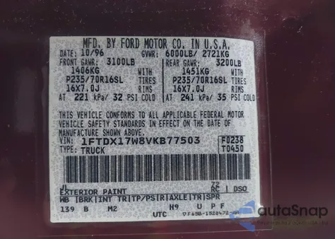 1997 Ford F-150 Lariat/Standard/Xl/Xlt z USA, uszkodzony, nr VIN 1FTDX17W8VKB77503